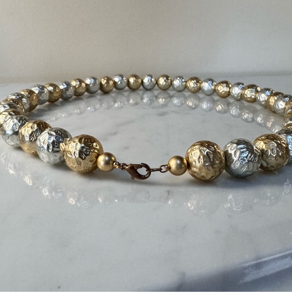 Vintage Silver & Gold Textured Shiny Round Beaded Necklace Lobster Clasp 24.5"L - Picture 6 of 7